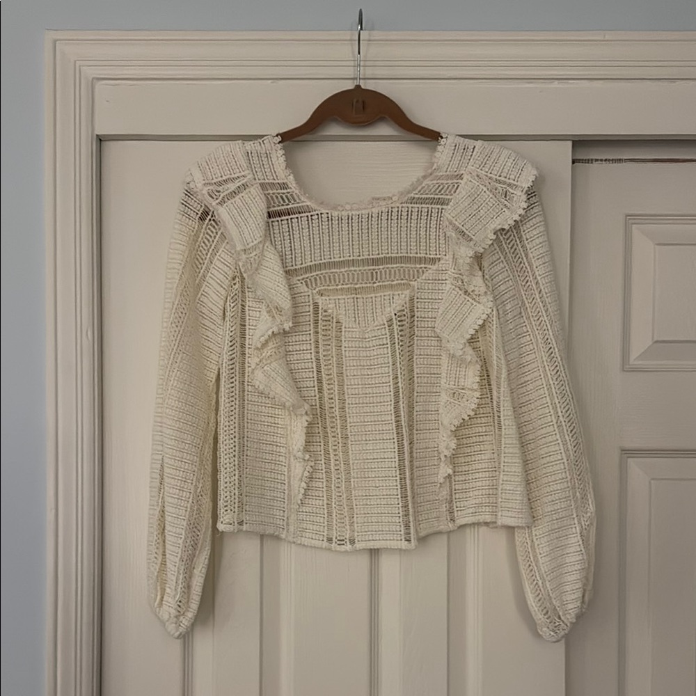 Sezane Cream Knit Ruffle Top size FR 34